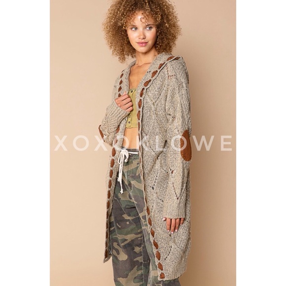 1 L POL Hooded Cardigan Open Front Diamond Weave Faux Suede Detail - Picture 11 of 13